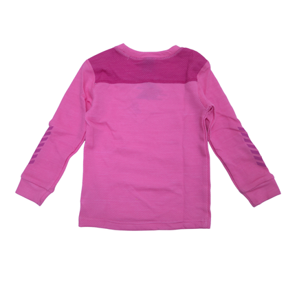 A pink long-sleeve athletic top shown from the back, featuring a darker pink mesh yoke across the shoulders and upper back, with striped detailing on the sleeves, set against a plain white background.