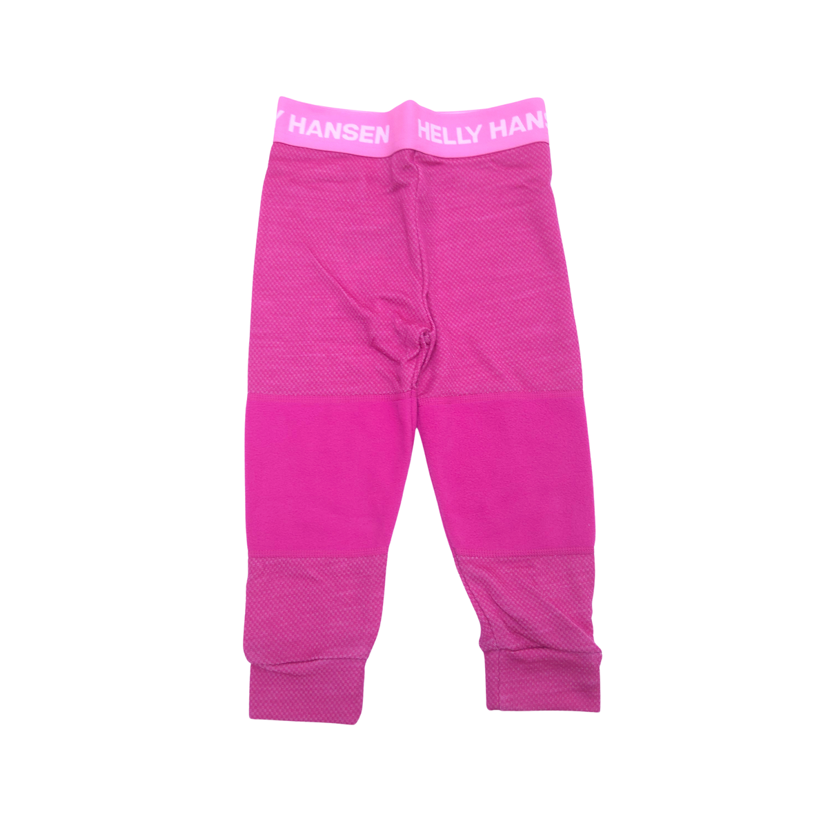 Bright pink knit pants for toddlers with a contrasting darker pink waistband featuring the white ' HELLY HANSEN' brand name, shown flat on a white background. Fleece knee patches.