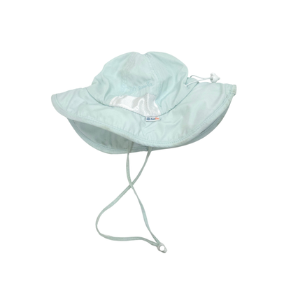 Light blue baby sun hat with a drawstring on a white background