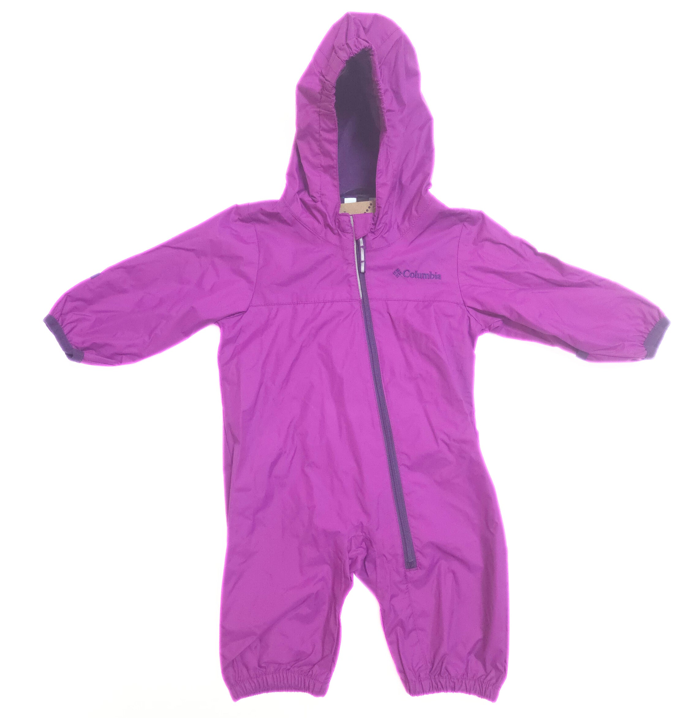 Purple children's rainsuit with a hood on a white background