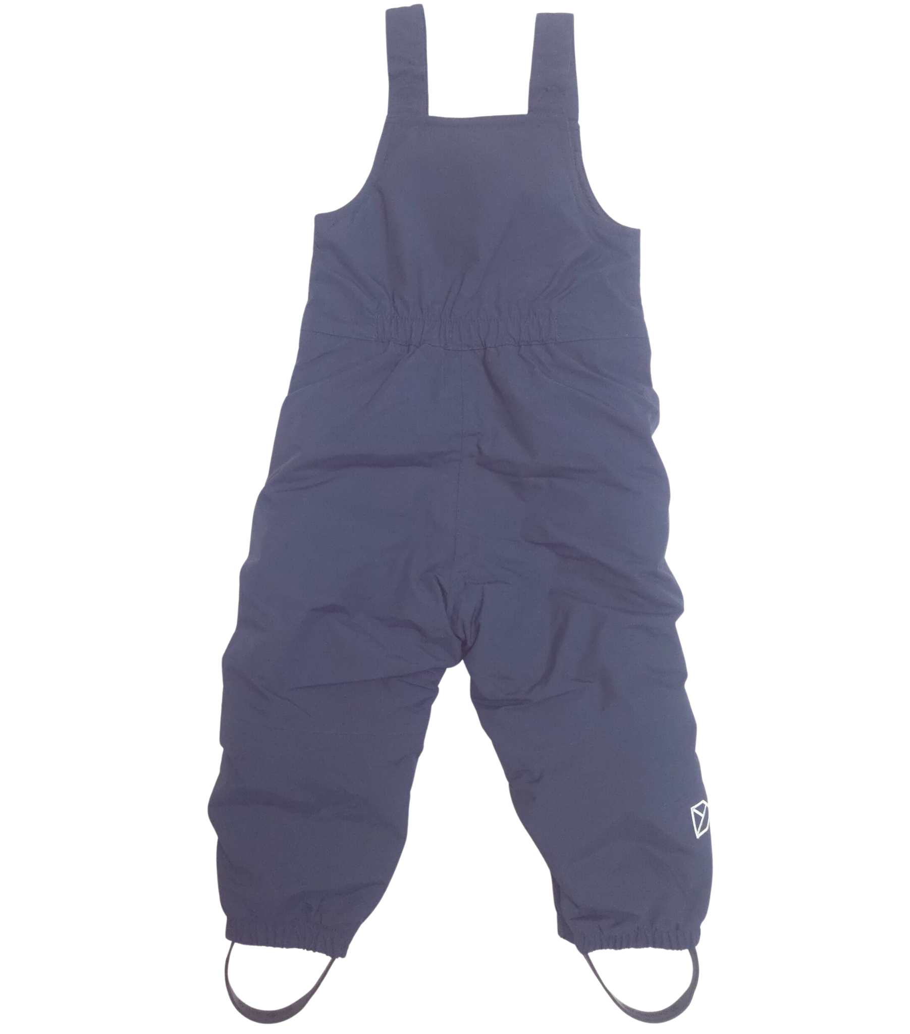 Navy blue snow bib pants on a white background back