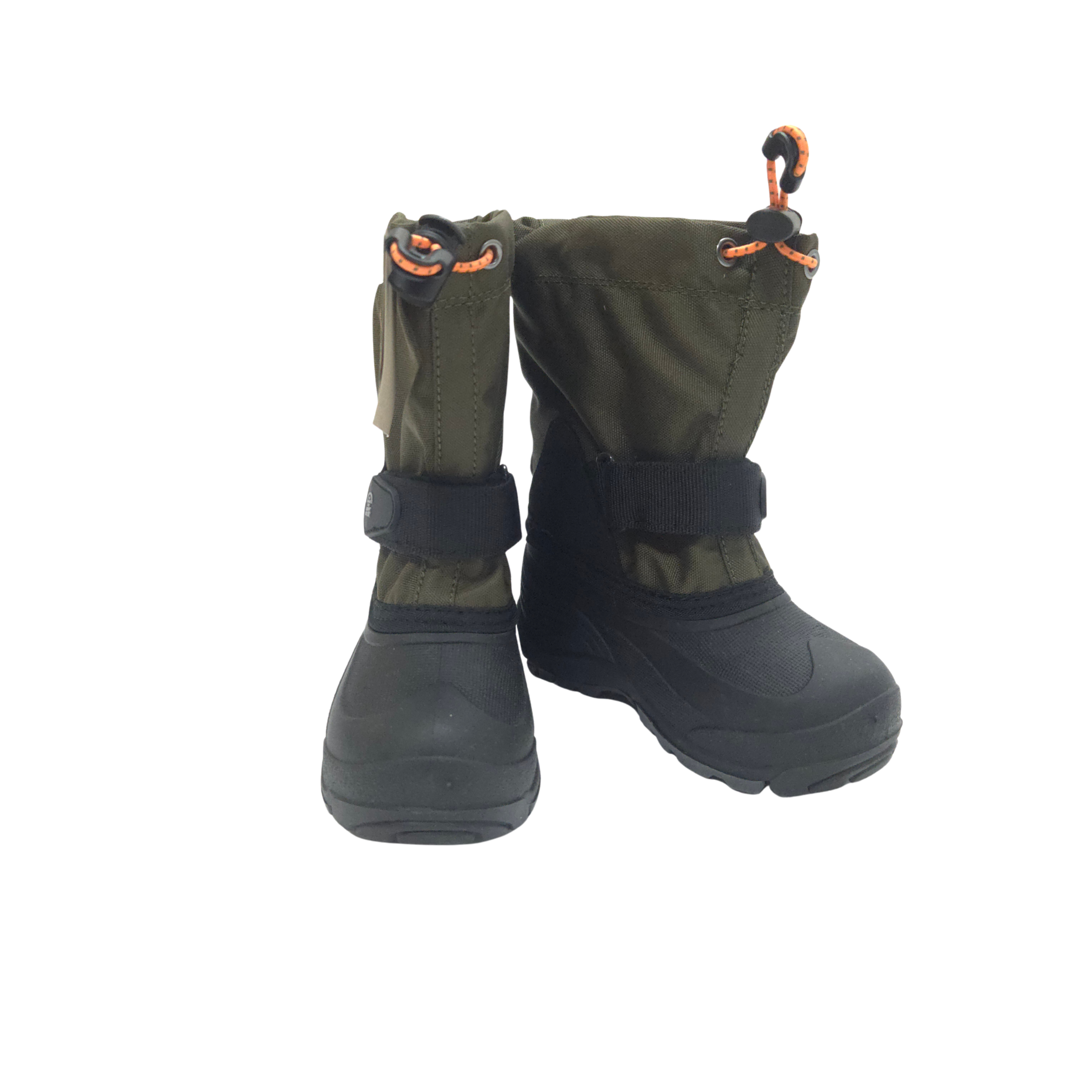 Pair of green and black winter boots on a white background
