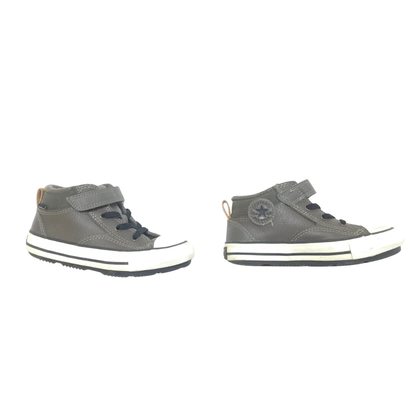 Pair of gray high-top sneakers with white soles on a white background