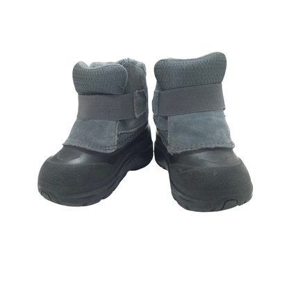 Pair of gray pet boots with black soles on a white background
