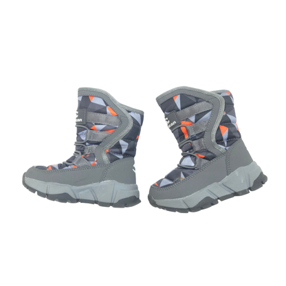 Pair of gray winter boots with patterned design on a white background