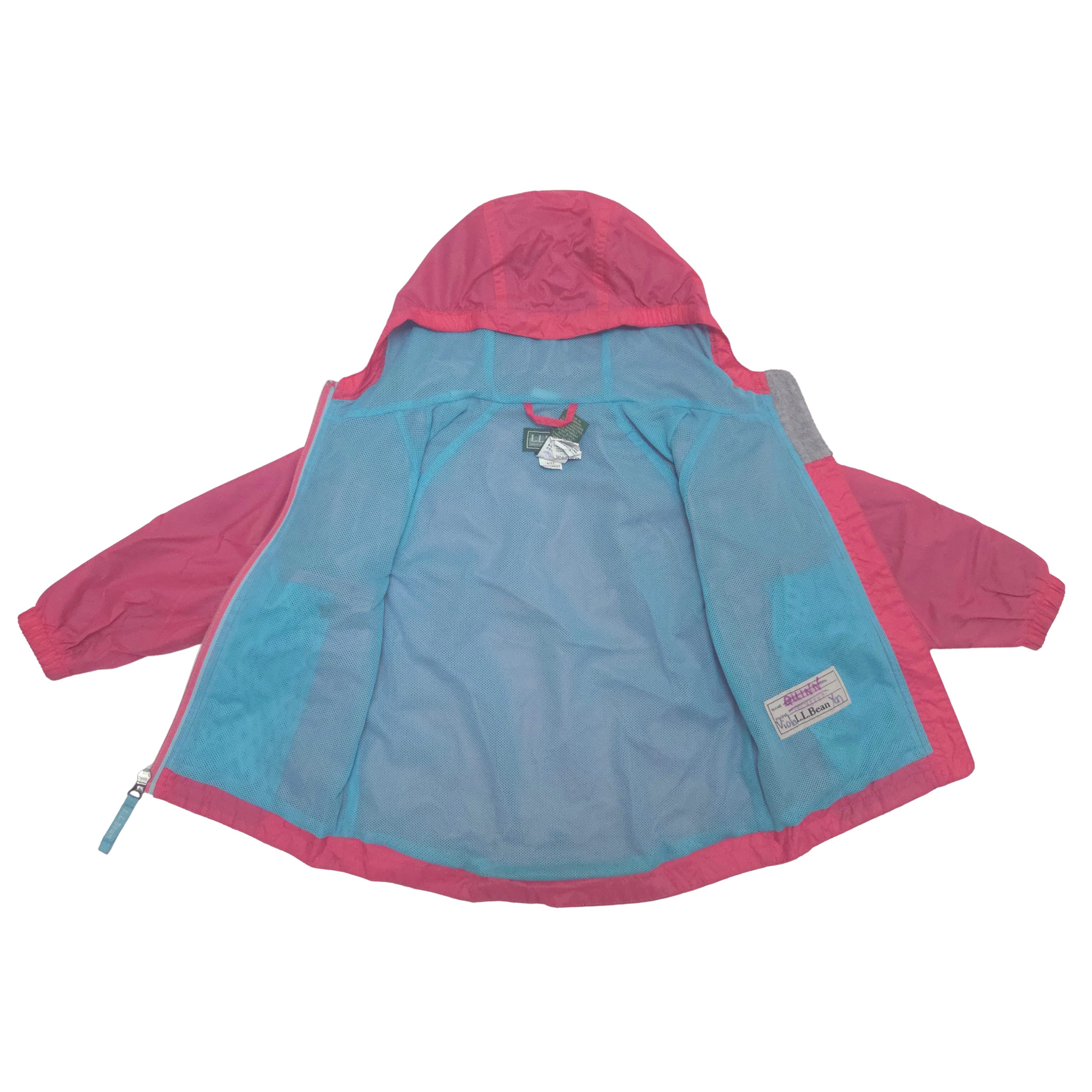 pink rain jacket with blue lining