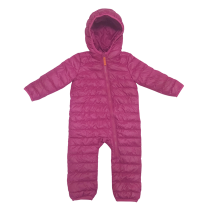 Pink children's puffer suit with a hood on a white background