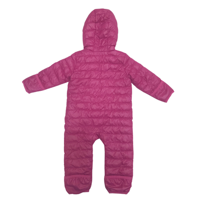 Pink quilted snowsuit on a white background