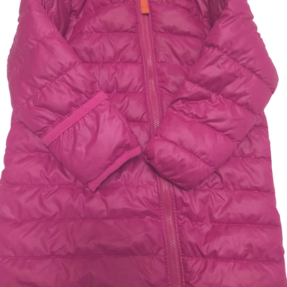 Close-up of a pink puffer jacket on a white background