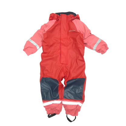 A red and pink hooded fleece lined rain suit with reflective silver stripes and dark navy knee panels, laid flat on a white background.