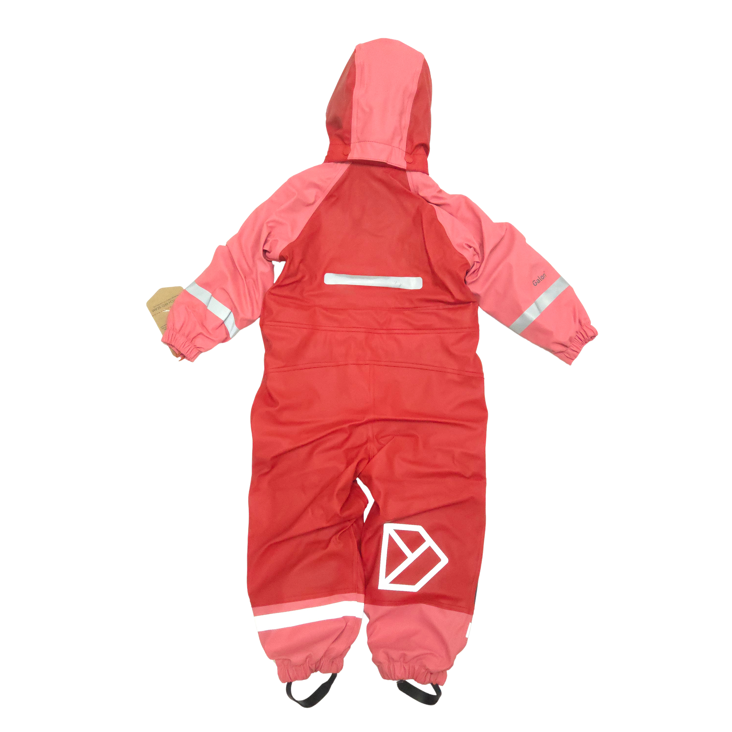 A red and pink hooded fleece lined rain suit with reflective silver stripes, laid flat on a white background show from back.