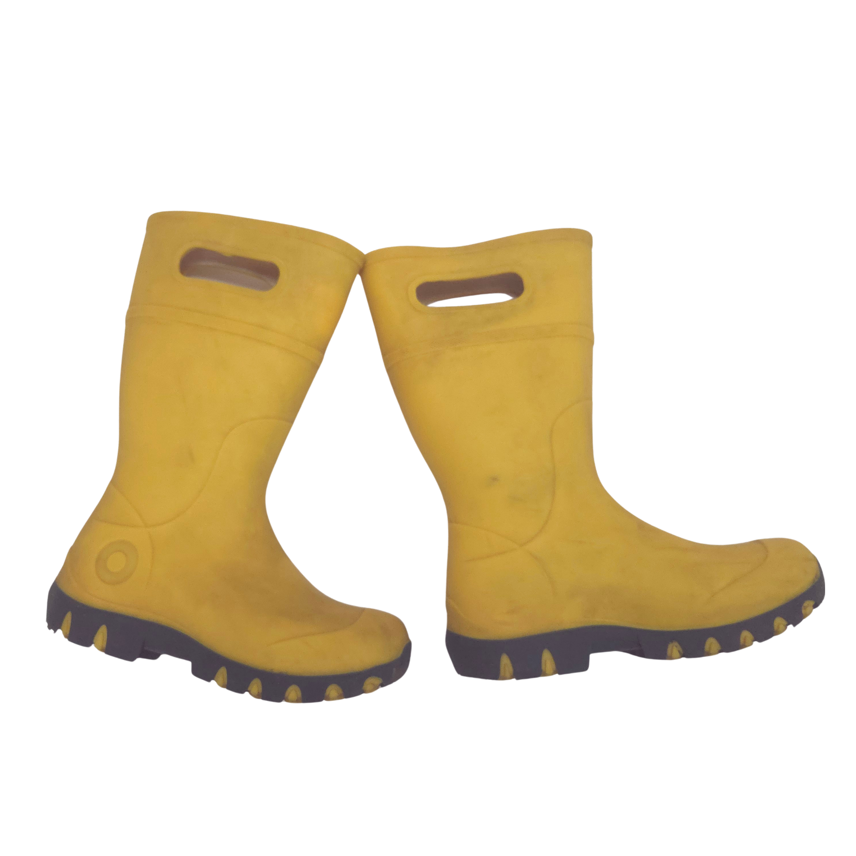 Pair of yellow rubber boots on a white background