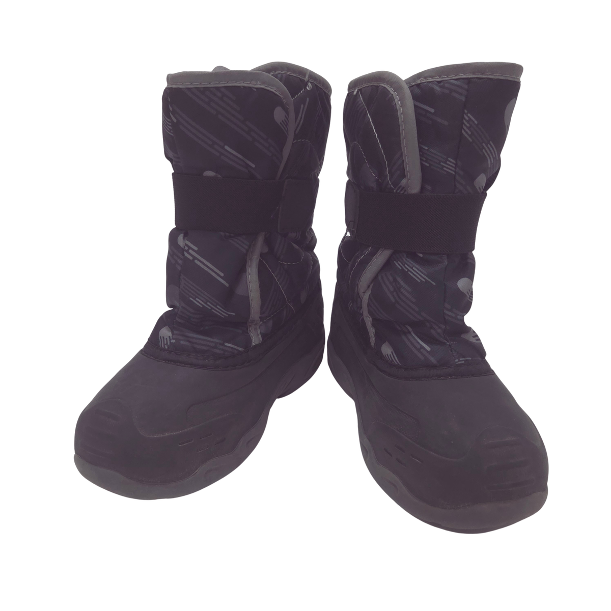 A pair of dark gray and black winter snow boots with a subtle geometric pattern on the upper sections and solid dark soles, shown against a plain white background.