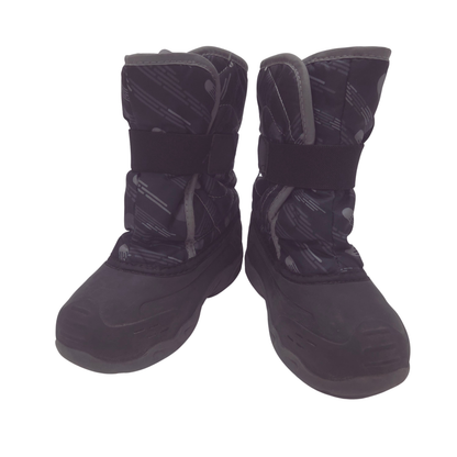 A pair of dark gray and black winter snow boots with a subtle geometric pattern on the upper sections and solid dark soles, shown against a plain white background.