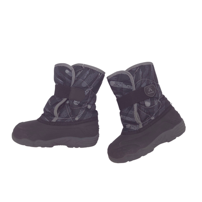 A pair of winter snow boots in dark gray and black with a subtle geometric pattern, featuring hook-and-loop strap closures, shown against a plain white background.