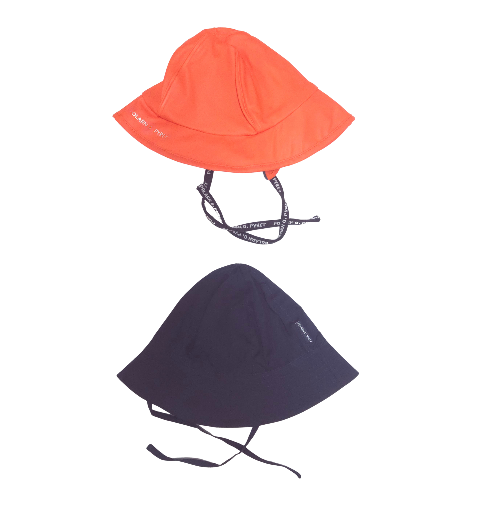 orange rain hat and navy sun hat