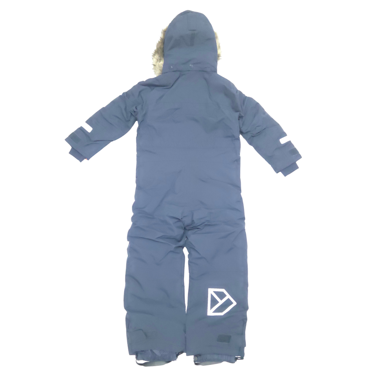 A children's hooded snowsuit shown from the back, in a navy color with a white geometric logo on the lower leg and light-colored faux-fur trim around the hood.