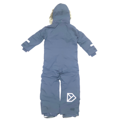 A children's hooded snowsuit shown from the back, in a navy color with a white geometric logo on the lower leg and light-colored faux-fur trim around the hood.