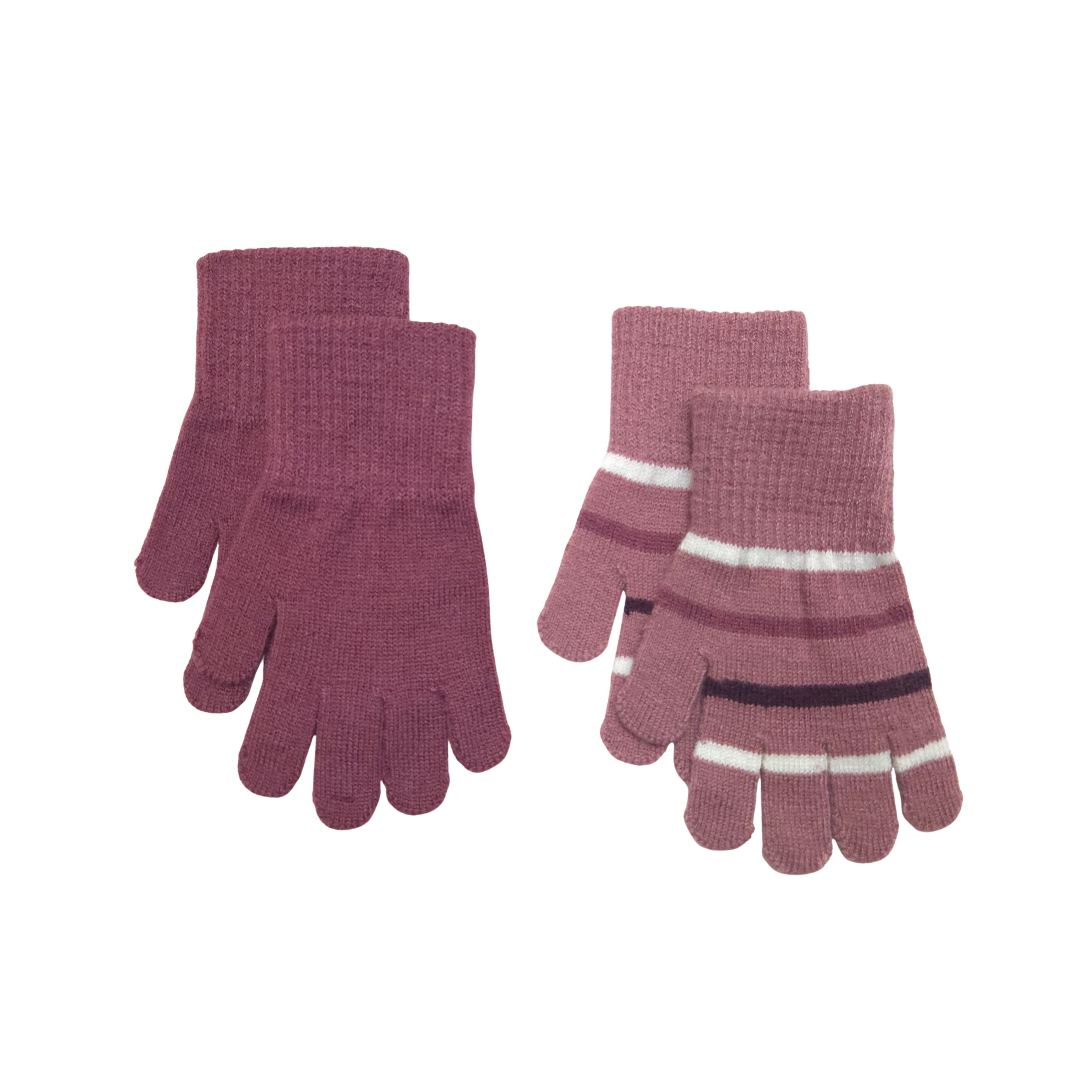 Pair of maroon gloves with striped pattern on a white background