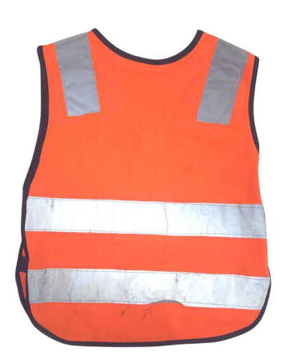 Orange safety vest with reflective stripes on a white background