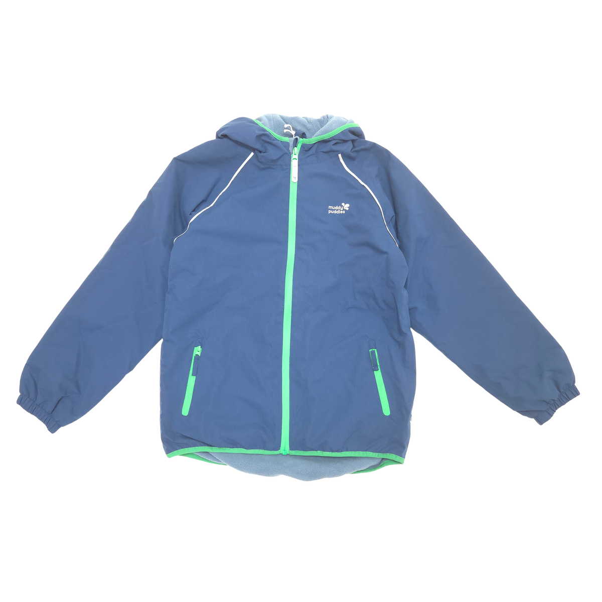 A blue hooded fleece lined shell jacket with bright green zipper accents, white piping, and a small white logo on the left chest, displayed flat against a white background.