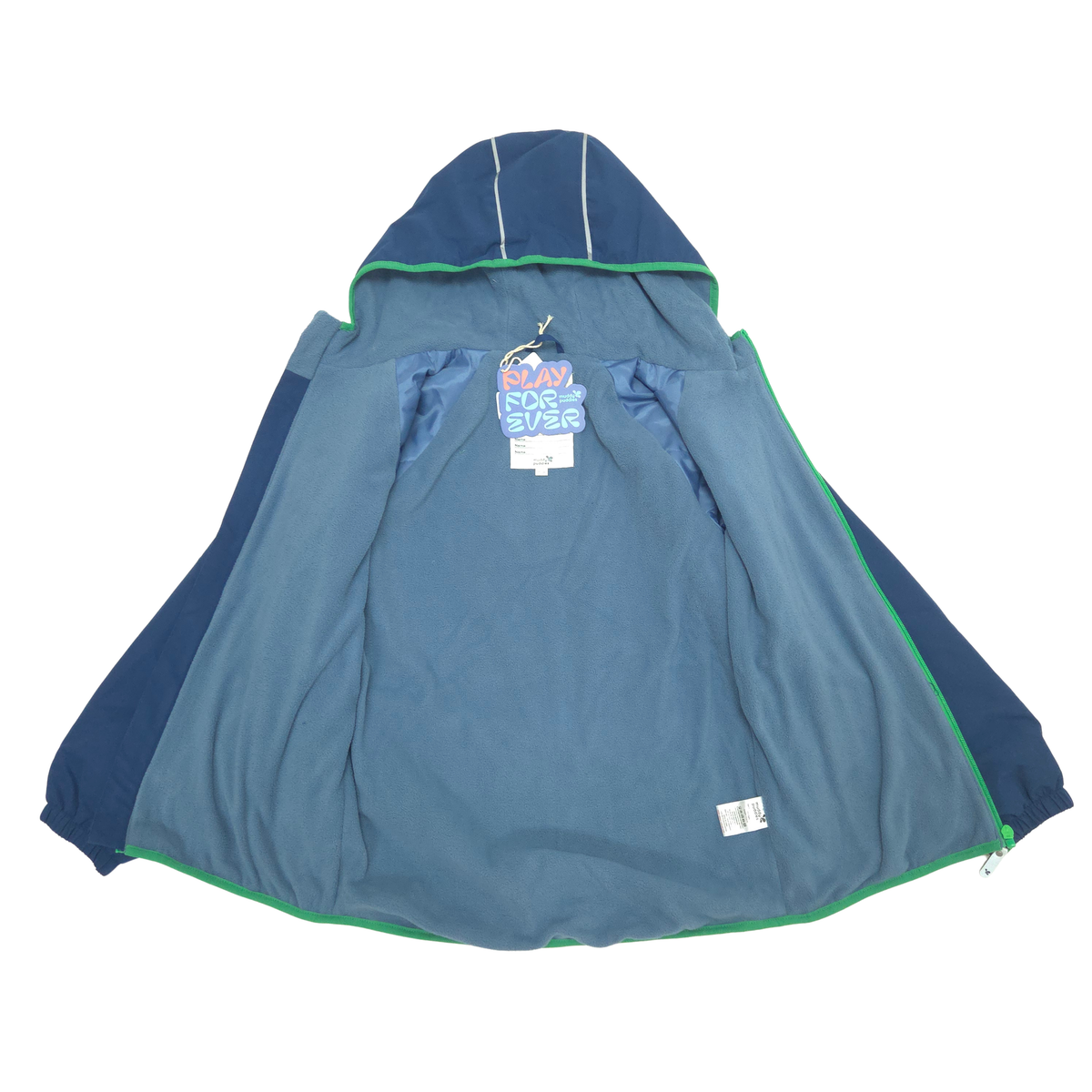 A hooded zip-up jacket shown laid flat against a white background, featuring a slate blue interior, navy blue outer panels, and bright green piping trim.