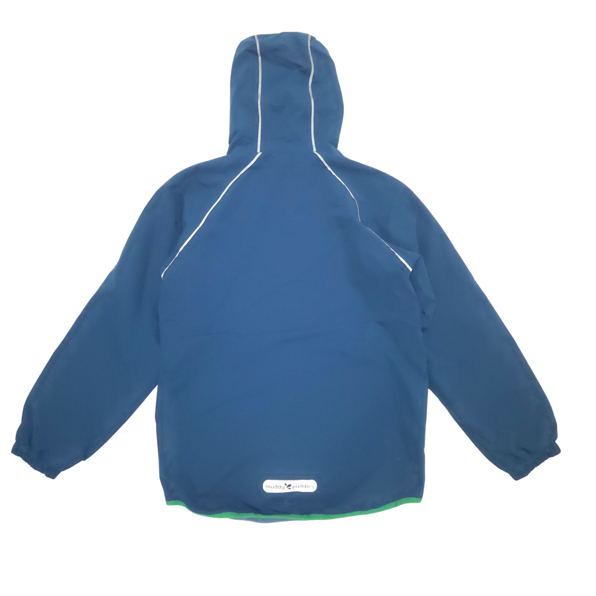 A blue hooded shell jacket shown from the back, featuring white contrast piping along the hood and shoulders, and a small white label near the hem.
