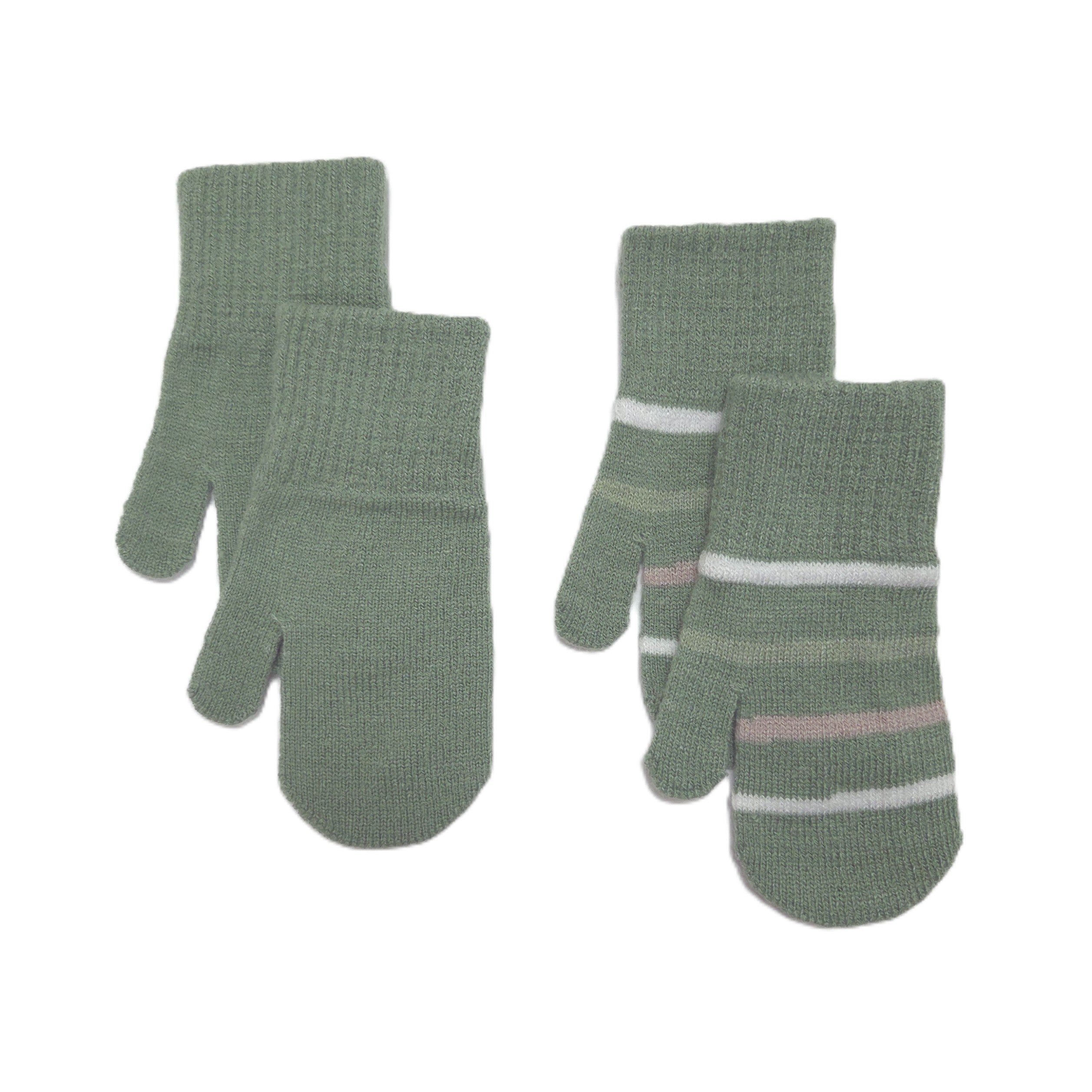 Four knit mittens in a muted sage green color, arranged on a plain white background. Two mittens on the left are plain, while two on the right feature thin horizontal stripes in white, light gray, and a soft pink near the cuff.