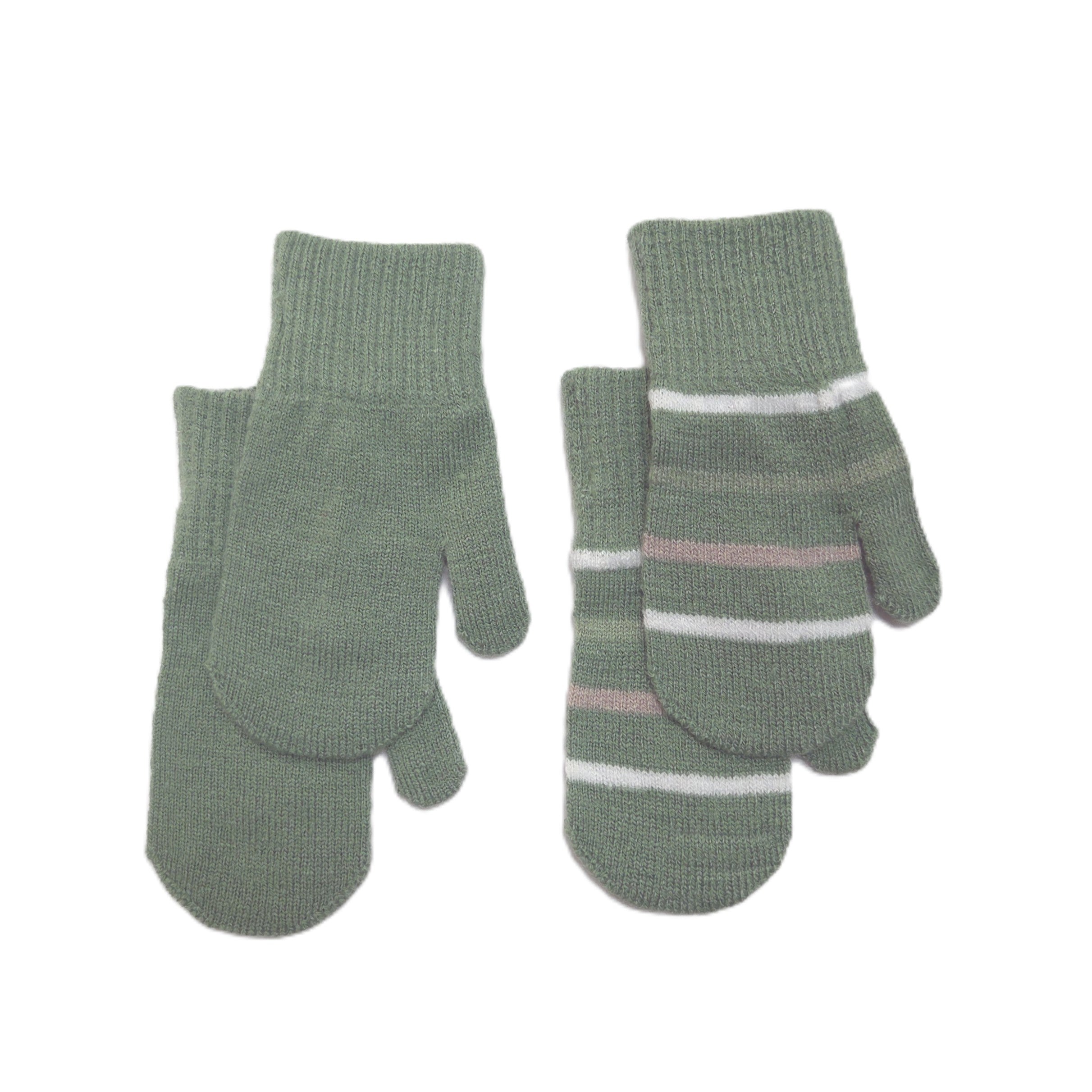 A two pairs of knit mittens in a muted sage green color, with one mitten showing white and light grey horizontal stripes near the cuff and finger joints, set against a plain white background.