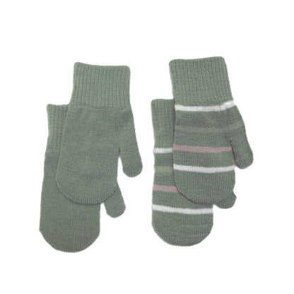 A two pairs of knit mittens in a muted sage green color, with one mitten showing white and light grey horizontal stripes near the cuff and finger joints, set against a plain white background.