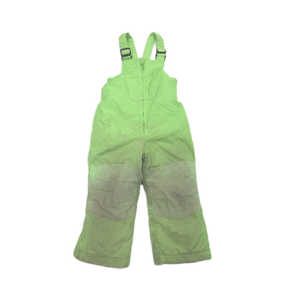 A light green children's snow bib pants with adjustable shoulder straps.