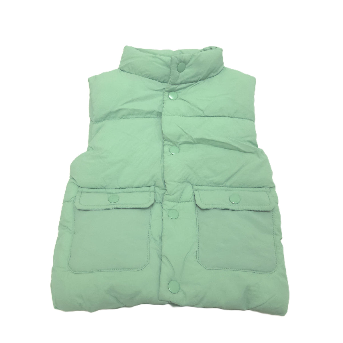 A mint green puffer vest with a high collar, button front, and two front flap pockets, shown against a plain white background.
