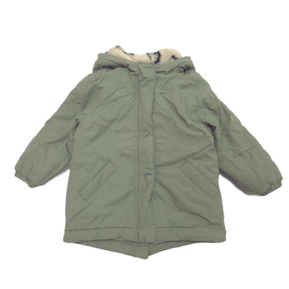 An olive green hooded puffer jacket with a light beige faux-fur trim inside the hood, laid flat against a white background.
