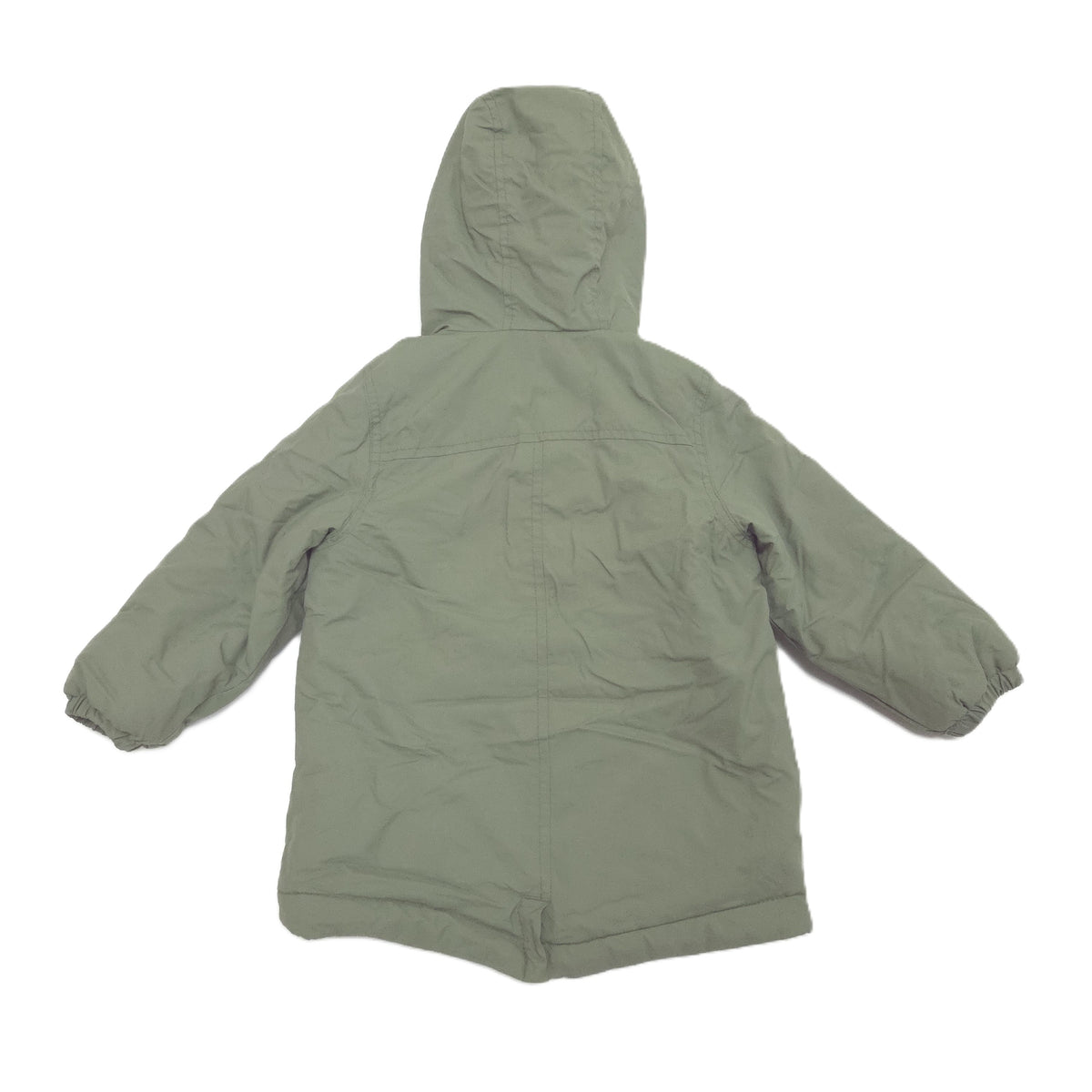 An olive green hooded puffer jacket shown from the back, laid flat against a white background.