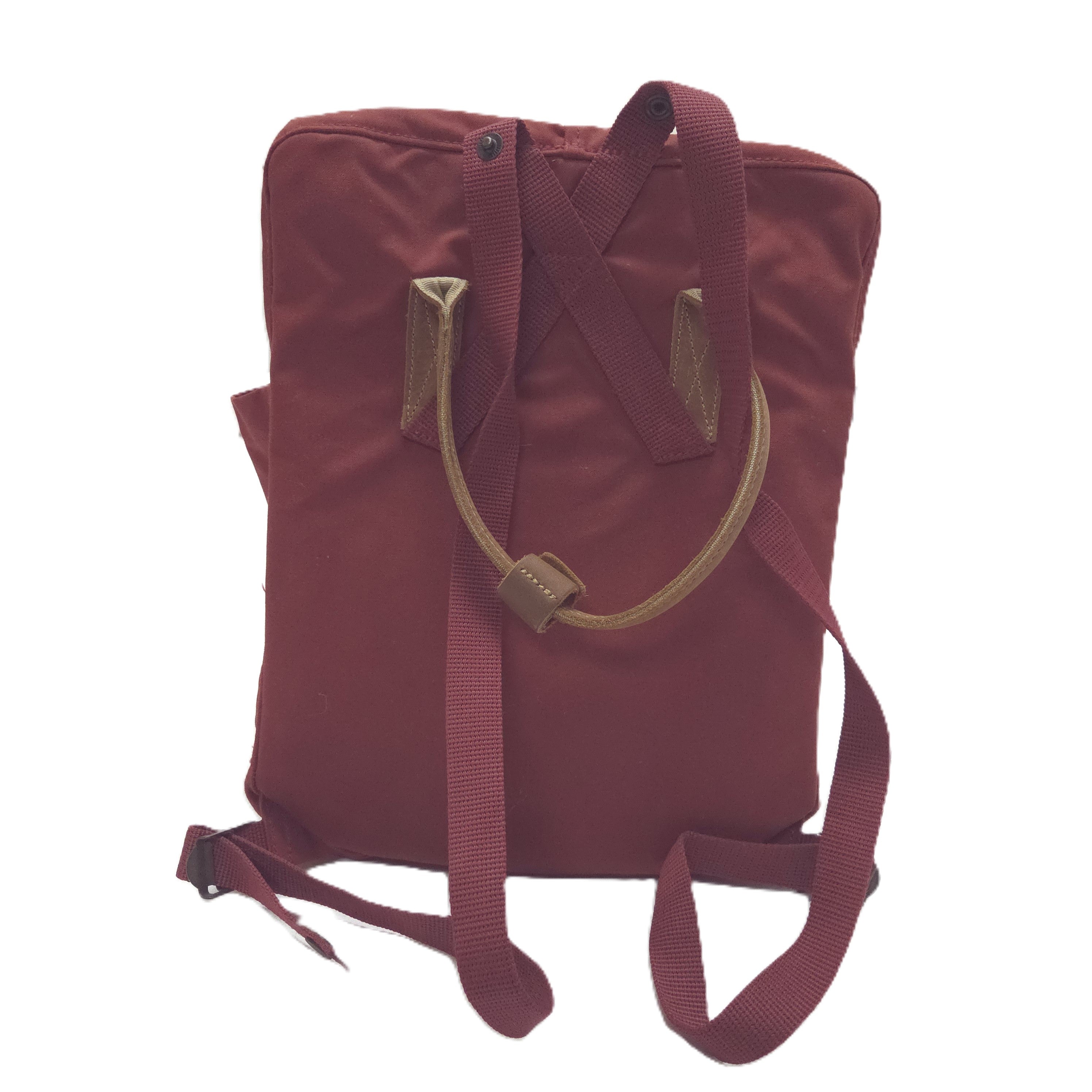 A burgundy backpack back image