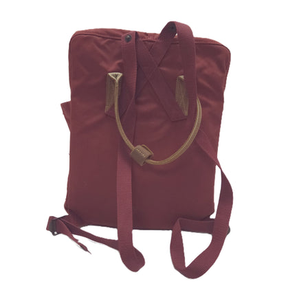 A burgundy backpack back image