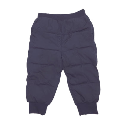 A pair of dark navy blue puffer pants with horizontal quilted stitching, elastic waistband, and ribbed ankle cuffs, shown flat against a white background.