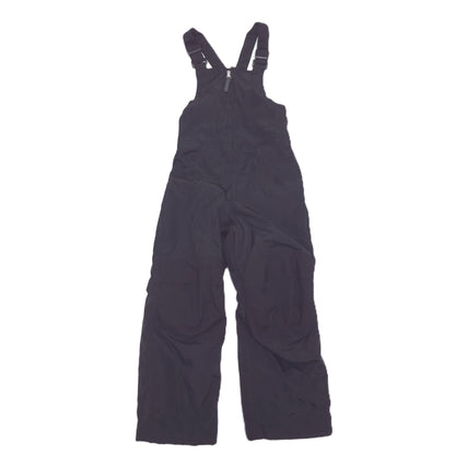 Black bib snowpants with adjustable shoulder straps and a front zipper, laid flat against a white background.