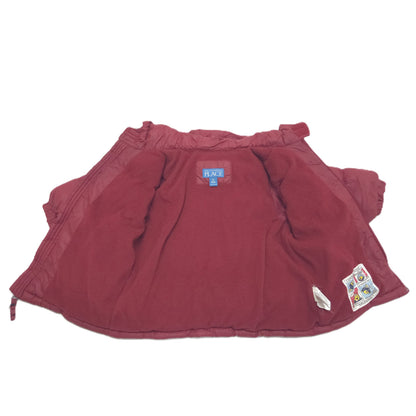 A red hooded puffer jacket shown open