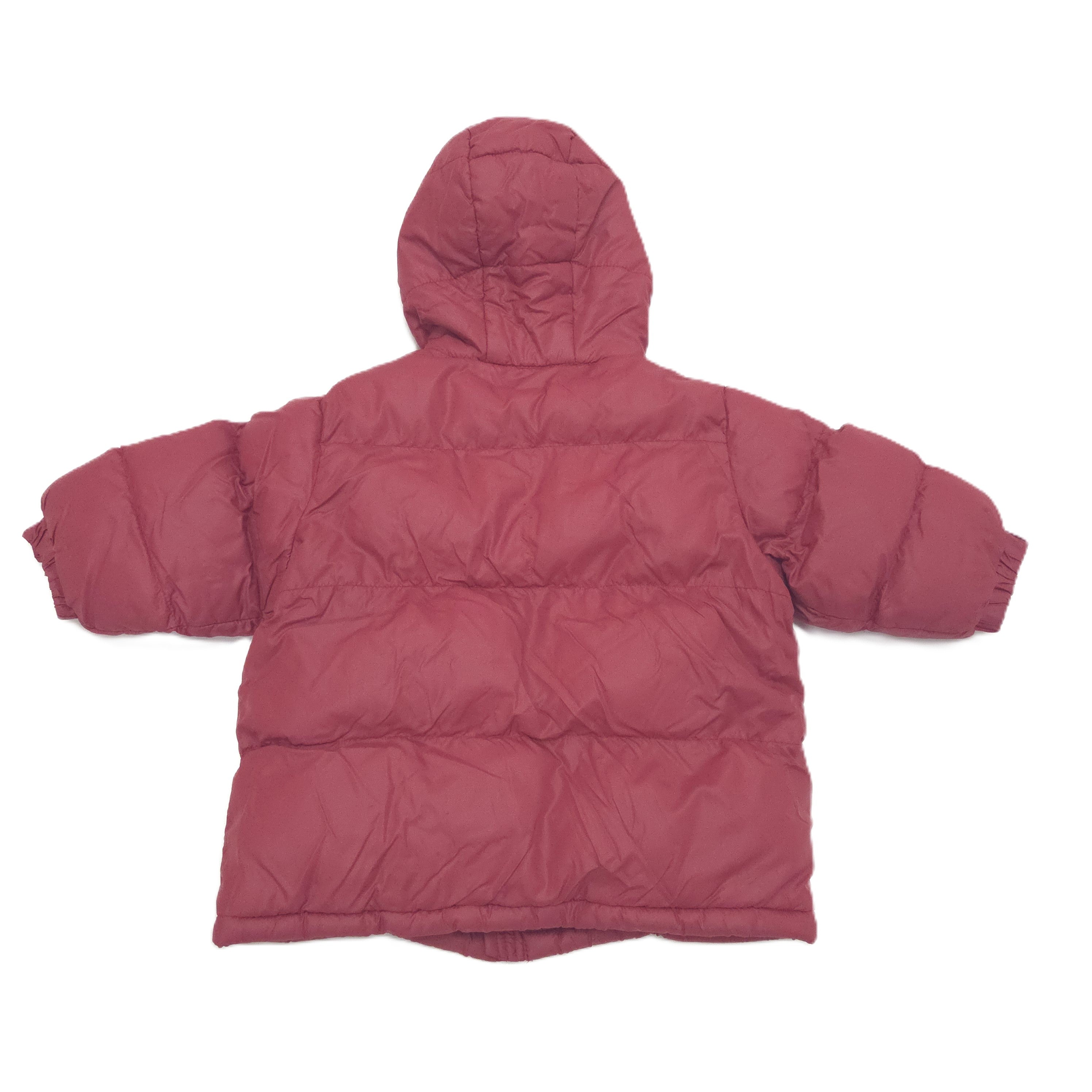 A red hooded puffer jacket shown from the back, laid flat against a solid white background.