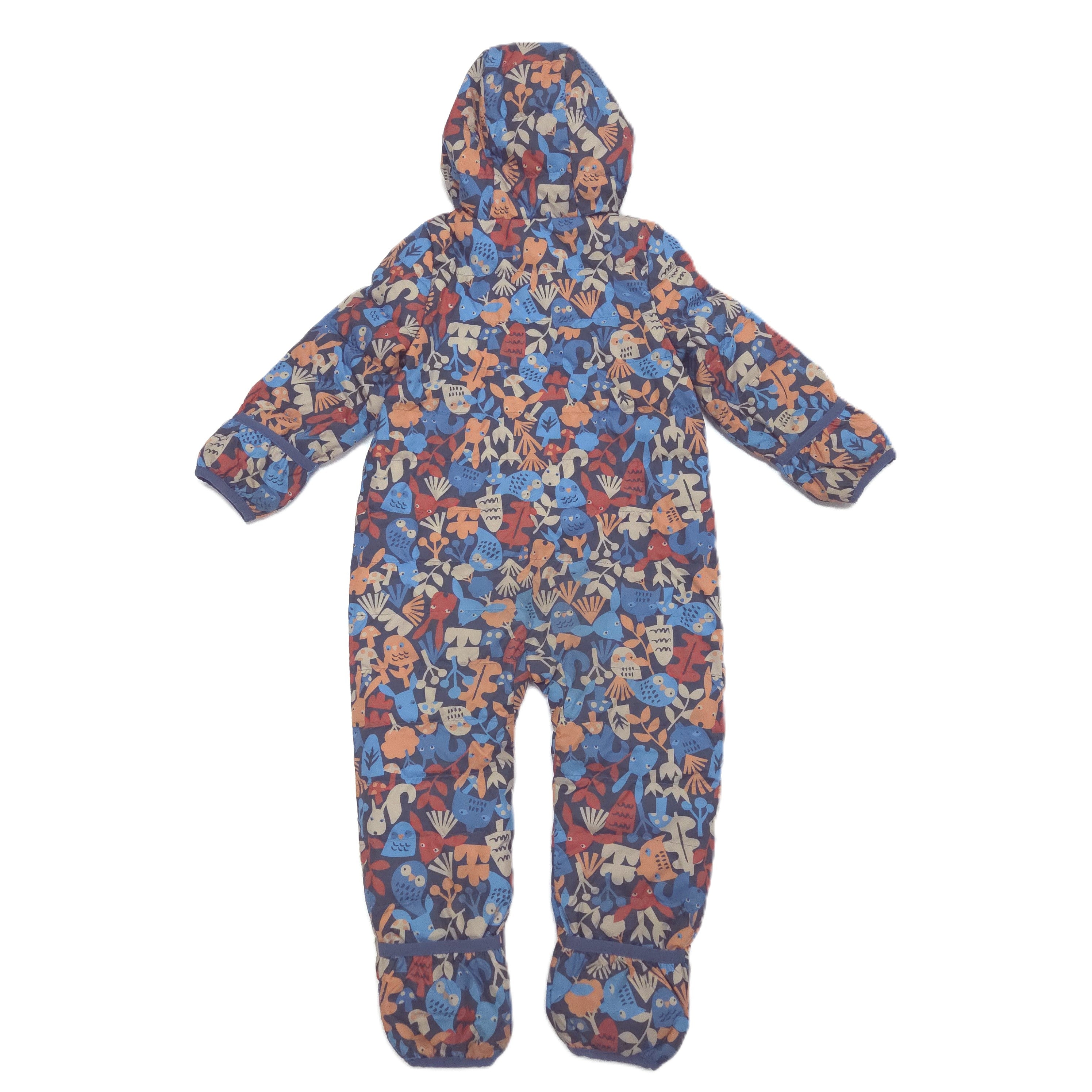 A baby hooded footed one-piece puffersuit with an all-over colorful print of cartoon fish in shades of blue, red, orange, and beige on a white background.