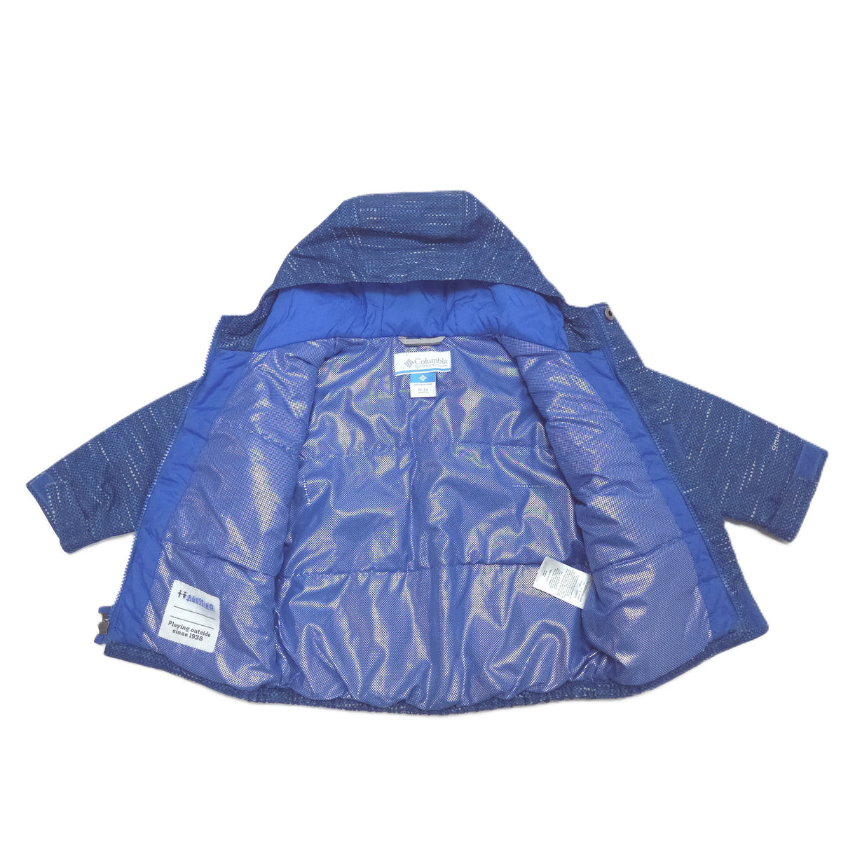 A blue hooded winter jacket shown open against a plain white background, displaying its shiny quilted interior and textured exterior fabric.