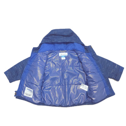 A blue hooded winter jacket shown open against a plain white background, displaying its shiny quilted interior and textured exterior fabric.