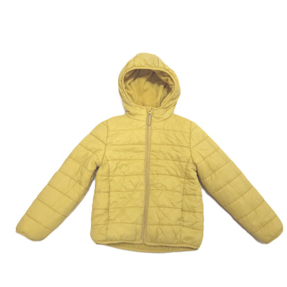 A light yellow quilted hooded puffer jacket with a front zipper, displayed flat against a plain white background.