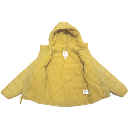 A mustard yellow quilted hooded jacket with a zippered front, laid flat against a white background.