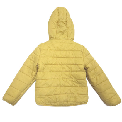 A yellow quilted puffer jacket with a hood, shown from the back against a plain white background.