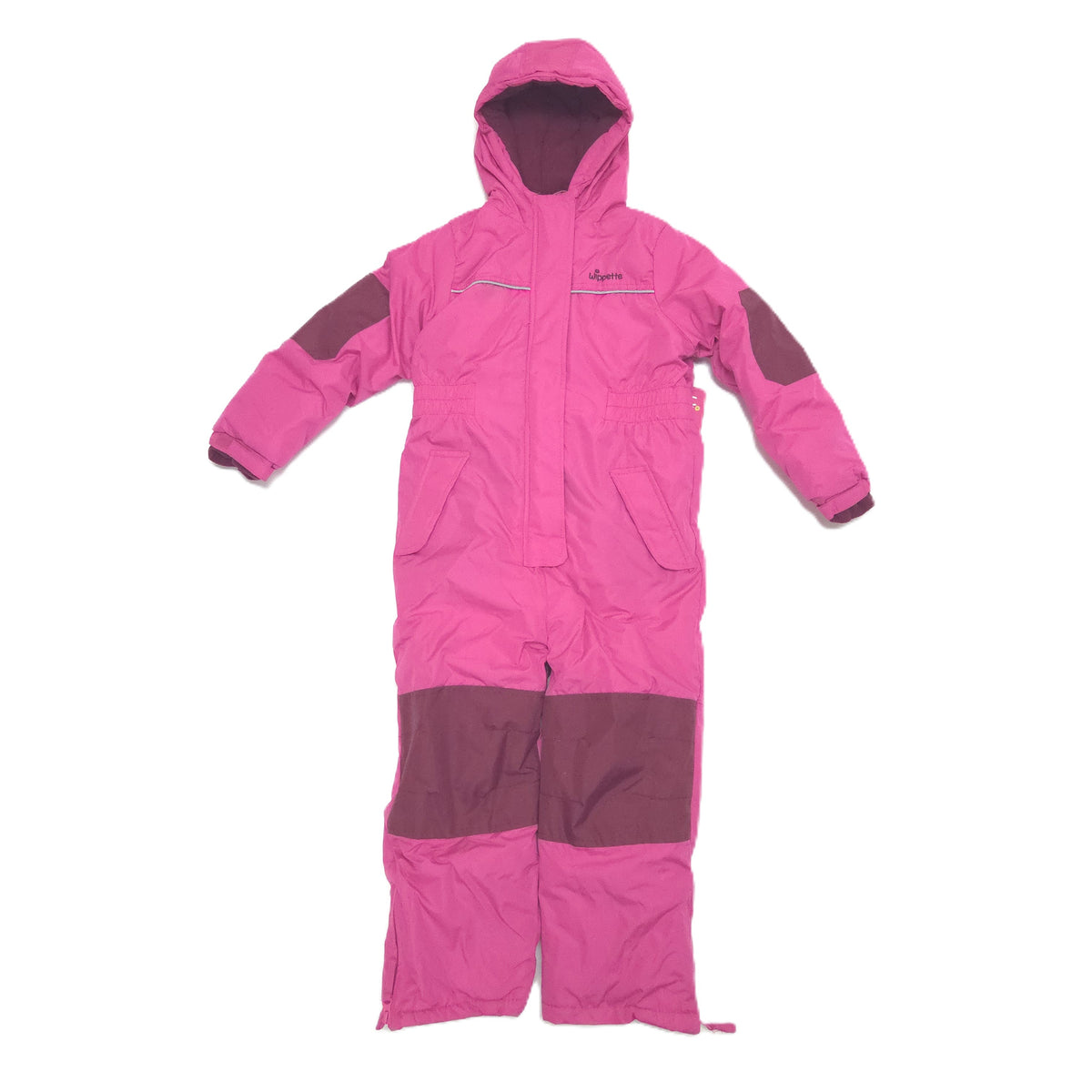 A children's hooded snowsuit in bright pink with contrasting dark red panels on the sleeves, lower legs, and hood lining, shown flat against a white background.
