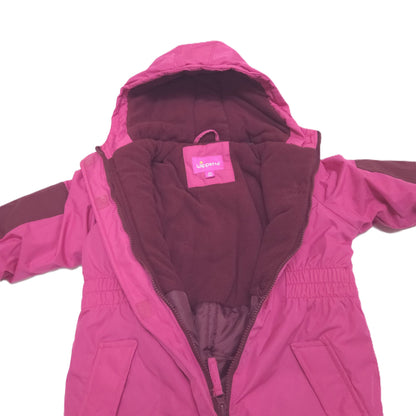 A pink hooded snowsuit with a dark burgundy fleece lining, laid flat against a white background.