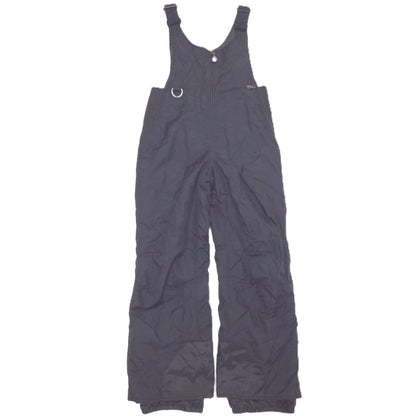 Black insulated bib snowpants with adjustable shoulder straps, a front zipper shown flat against a white background.
