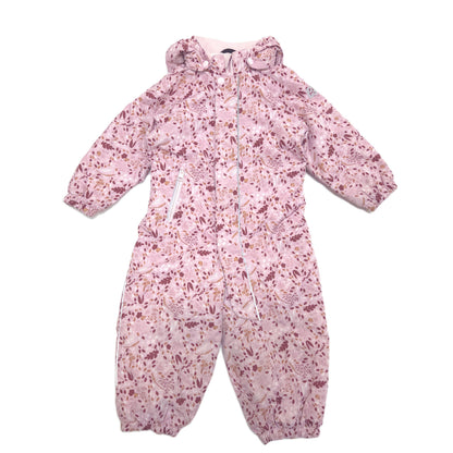 A pink hooded snowsuit with a dense floral and abstract print in shades of mauve, and white, laid flat against a white background.